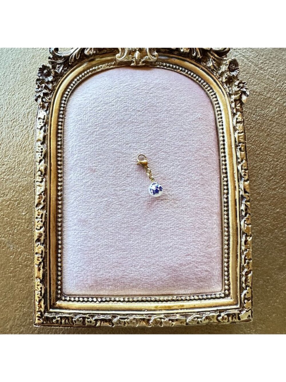 18K PVD Gold White Glass Bead Charm With Blue Floral Print & Gold Lobster Clasp - Picture 9 of 11